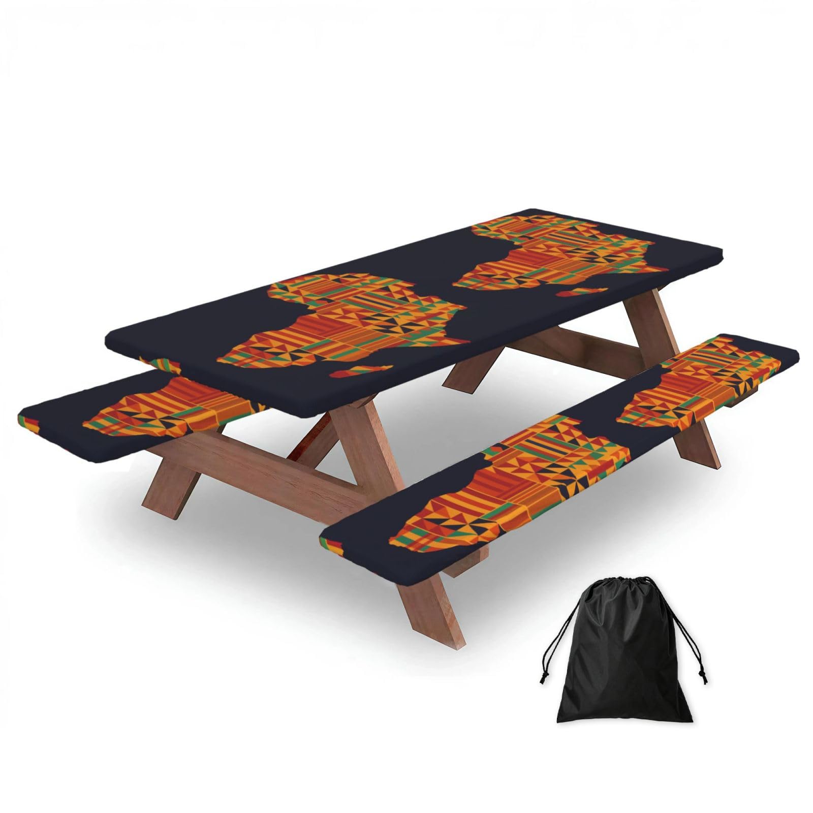 Zyjhyy Black African Textile Patterns Print Party Table Covers With Bench Covers Set Of 3 Picnic Table Cloth Wipe Clean For Garden Camping