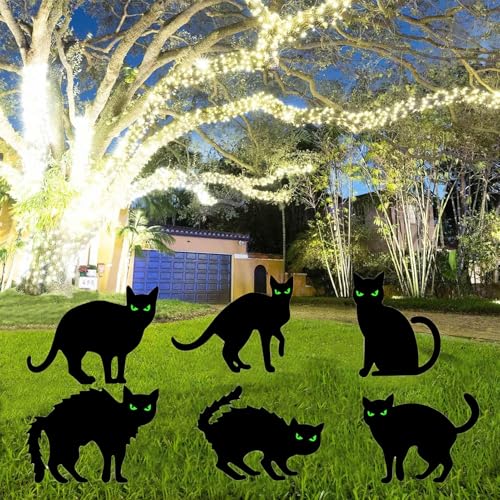 6 Cartelli da Cortile a Forma di Gatto Nero, Spaventapasseri Gatti Occhi Luminosi con Paletti, Paletto da Giardino Per Gatti Per Cortile, Patio Decorazione di Decorazioni di Halloween Per Esterni
