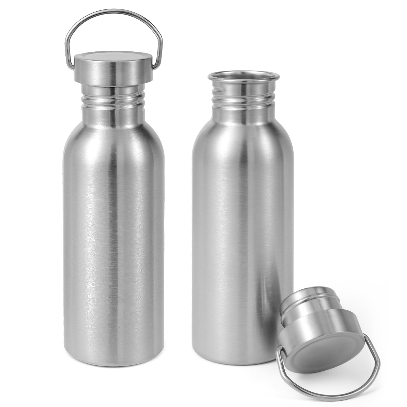 Volhoply 680ml Uninsulated Single Walled Water Bottle 2 Pack, Stainless Steel Reusable Water Bottles with Handle, BPA Free & Plastic Free 18/8 304 Metal Water Bottles for Camping, Hikers, Cyclists