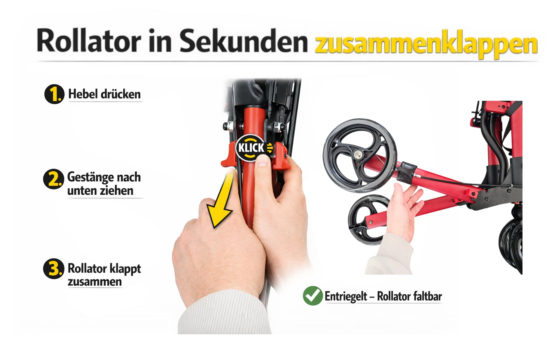 Kofferraum Rollator von FabaCare, Kompakt-Rollator, Dreifachfaltbar – Leichtgewicht, Vollausstattung, höhenverstellbar, Aluminium, bis 136 kg belastbar – platzsparend für Auto, Reise & Alltag, Weinrot