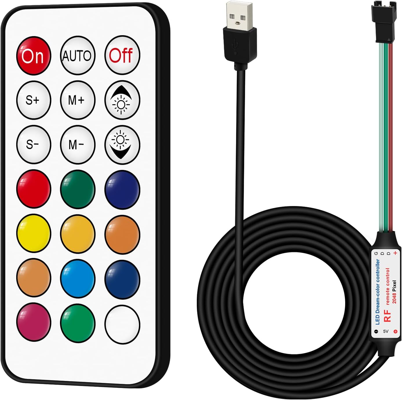 RGBZONE DC 5V USB LED Controller, 21-Key RF Wireless Remote Control, 1M/3.3FT 3-PIN LED Controller, 5V WS2812 WS2811 WS2812B Dream Color LED Strip Lights