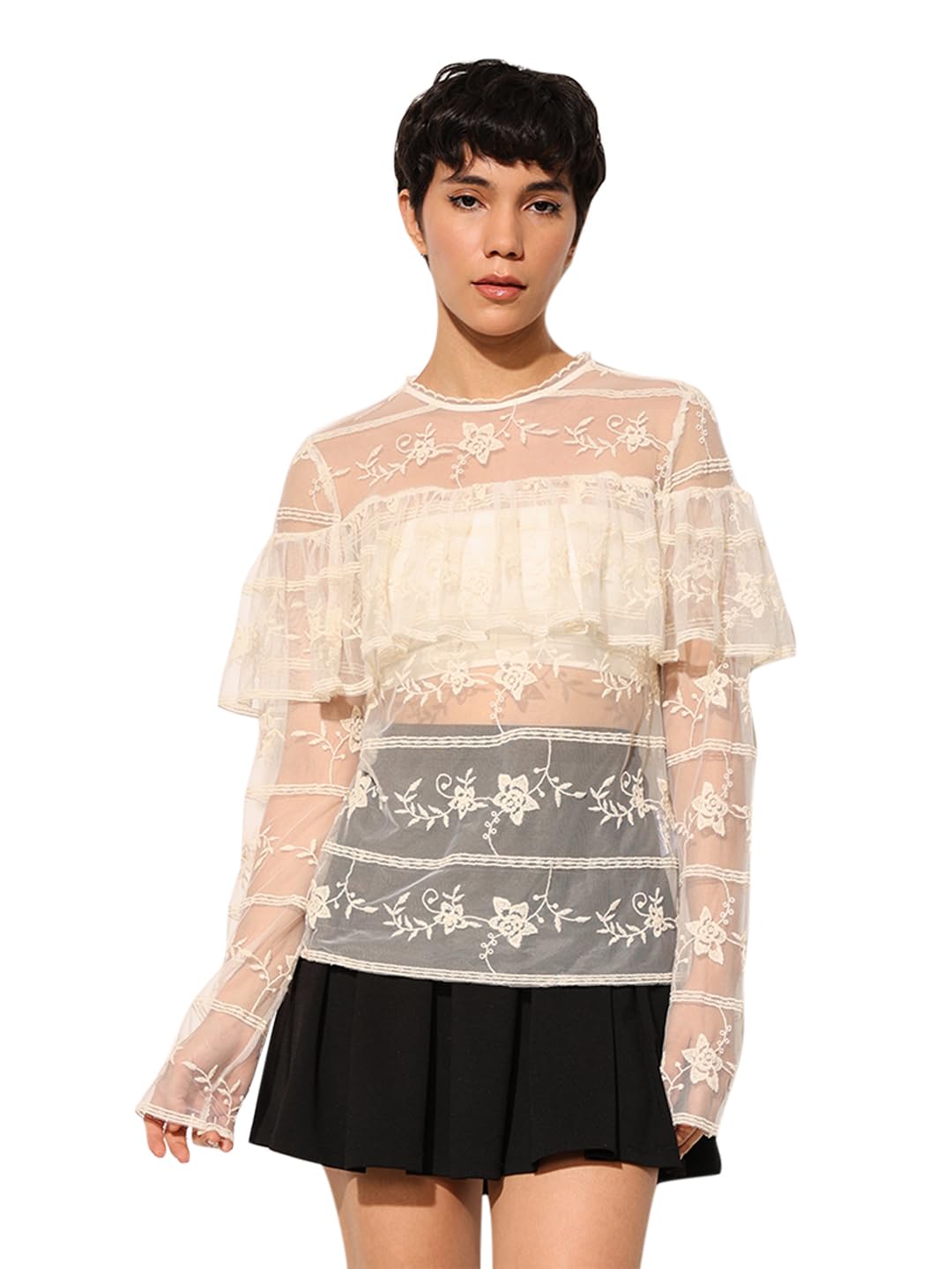 only Women's Embroidered Sheer Cotton Lace Blouson Top-picture-25