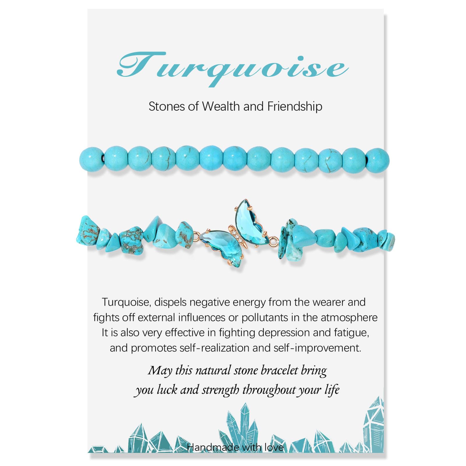 2 Stück Verstellbare Schmetterlings Türkis Armband für Damen, 8mm Blaue Natürliche Edelstein Armbänder Kristall Heilsteine Perlenarmband Schmuck Geschenke für Muttertag Geburtstag Weihnachten