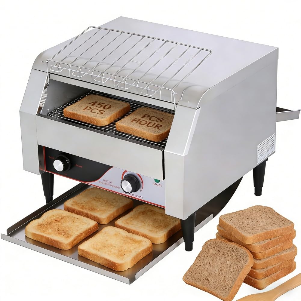 Commercial Conveyor Toaster with Dual Heating Tube, 450 pieces/H 2600W Heavy Duty Countertop Stainless Steel Industrial Electric Oven, 7-Speed Adjustments for Home Restaurant Bakery(350pieces/H)