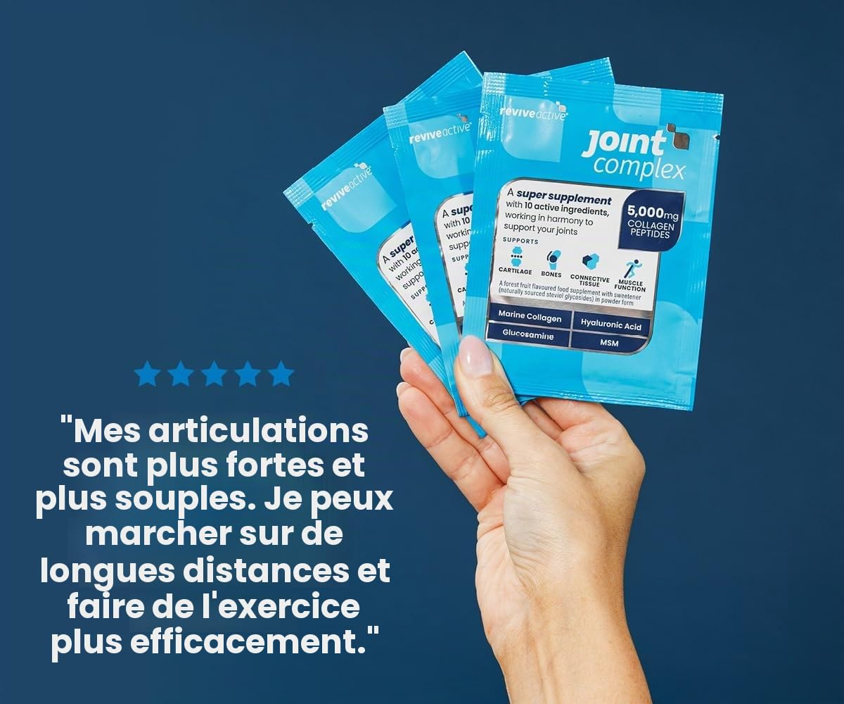 Joint Complex par Revive Active - 1 sachet/jour - Soutient articulations, cartilage, os et muscles - Avec collagène marin, acide hyaluronique, glucosamine - Cure de 30 jours