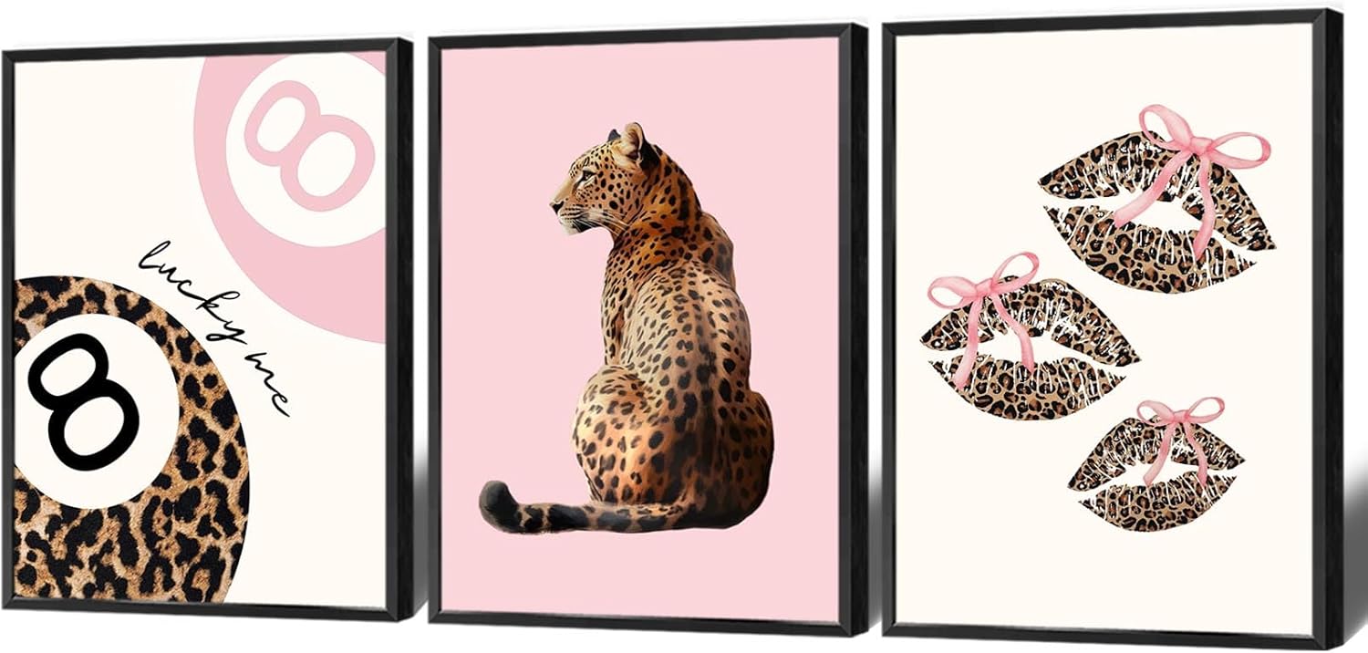 Set of 3 Coquette Pink Leopard Wall Art Trendy Lucky You 8 Ball Decor Posters Funky Cheetah Print Kiss Lips Canvas for Preppy Girly Y2k Room Dorm Apartment Bedroom Aesthetic 16x24in Metal Black Frame