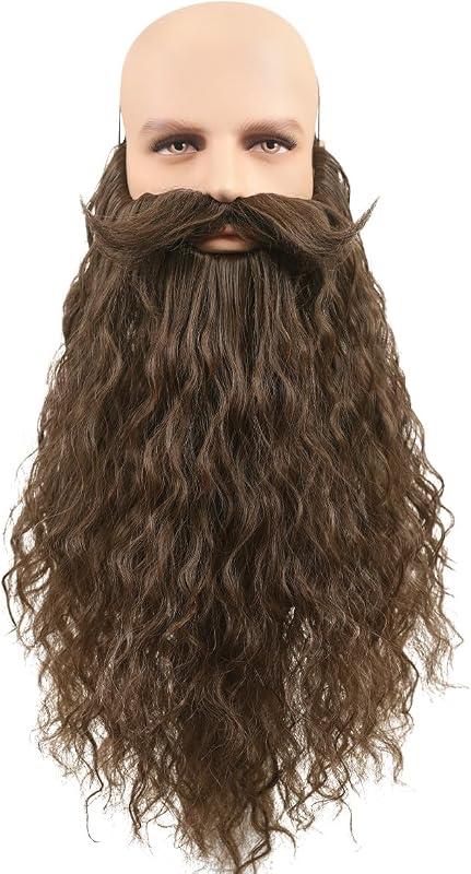 Honcloud 18 Inches Men's Long Curly Brown Synthetic Pre - styled Realistic Fake Beard for Wizard Costume and Halloween Party (Brown)