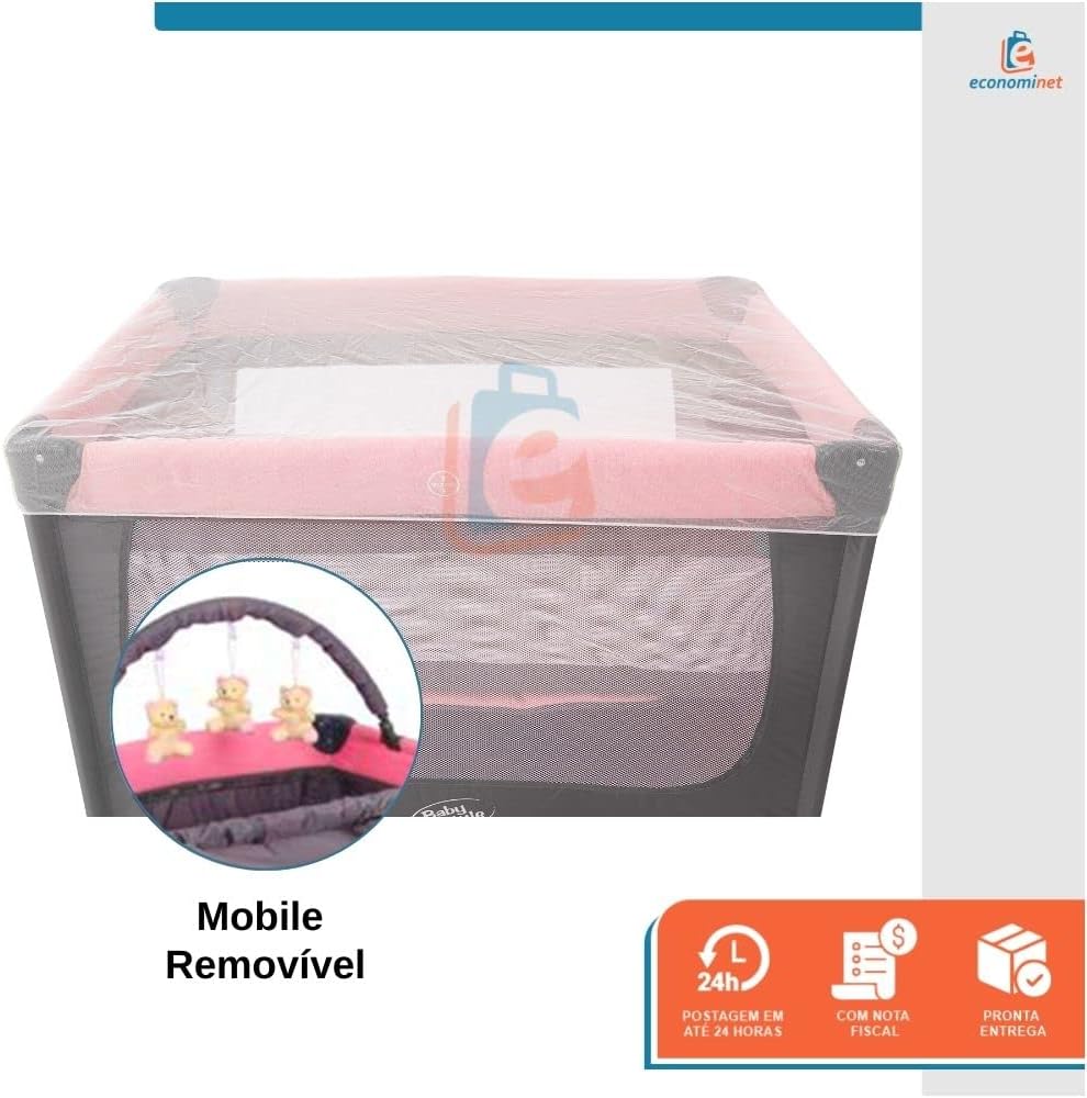 Berço Portátil Infantil Joly com Mosquiteiro, Barra de Brinquedos Trocador e Bolsa - Seguro, Confortável e Compacto INMETRO (Rosa)