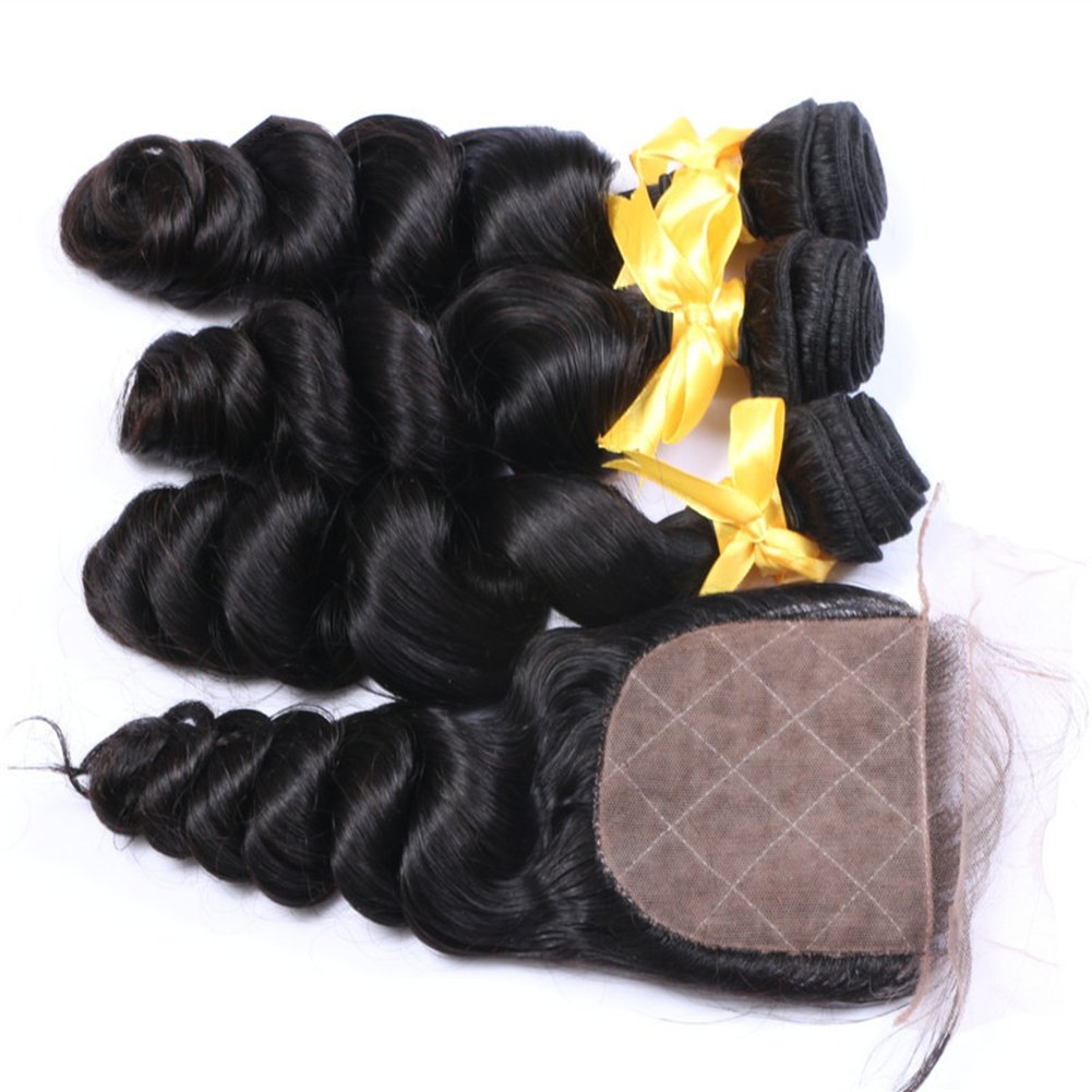 Ruma Hair 8A Brazilian Loose Wave Silk Base Closure With 3 Bundles 4Pcs Lot Unprocessed Loose Curly Virgin Human Hair Weave With 4x4'' Silk Top Lace Closures Piece (16 with 16 16 16)