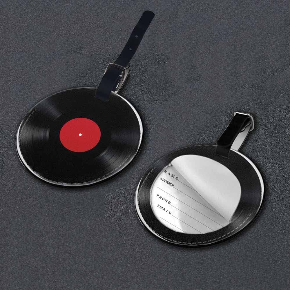 TKS MITLAN 1 Pack Record PU Leather Travel Cruise Luggage Tag Black Album Disc Label Vintage Music Baggage Bag Backpack Instrument with Privacy Flap Name ID Label for Women Men Girls Suitcase(Round)