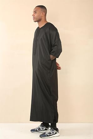 Men's Moroccan Thobe Black Gandoura Short Sleeve Jubba Islamic Clothing Kaftan Eid Robe Arab Embroidery