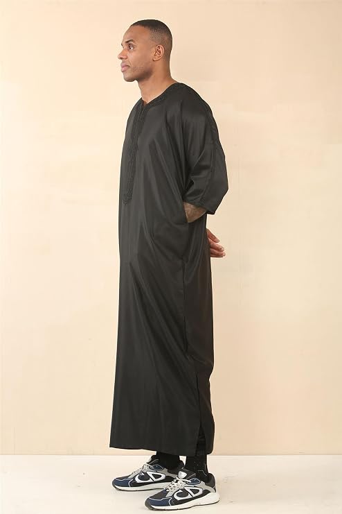 Men's Moroccan Thobe Black Gandoura Short Sleeve Jubba Islamic Clothing Kaftan Eid Robe Arab Embroidery