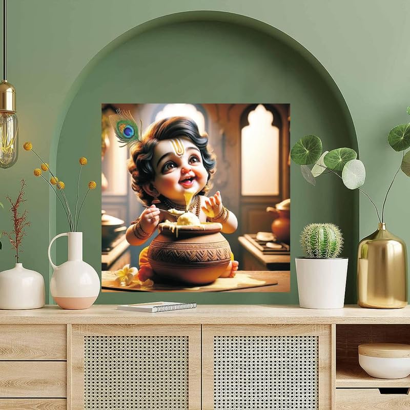 Image of British Terminal Cute little Bal Gopal Baby God Krishna| Kanha Ji | Laddu Lord Makhan Chor Painting Religious Poster for Pregnant Women for wall (matt thin vinyl,sticker,multicolor,unframed)| bj413