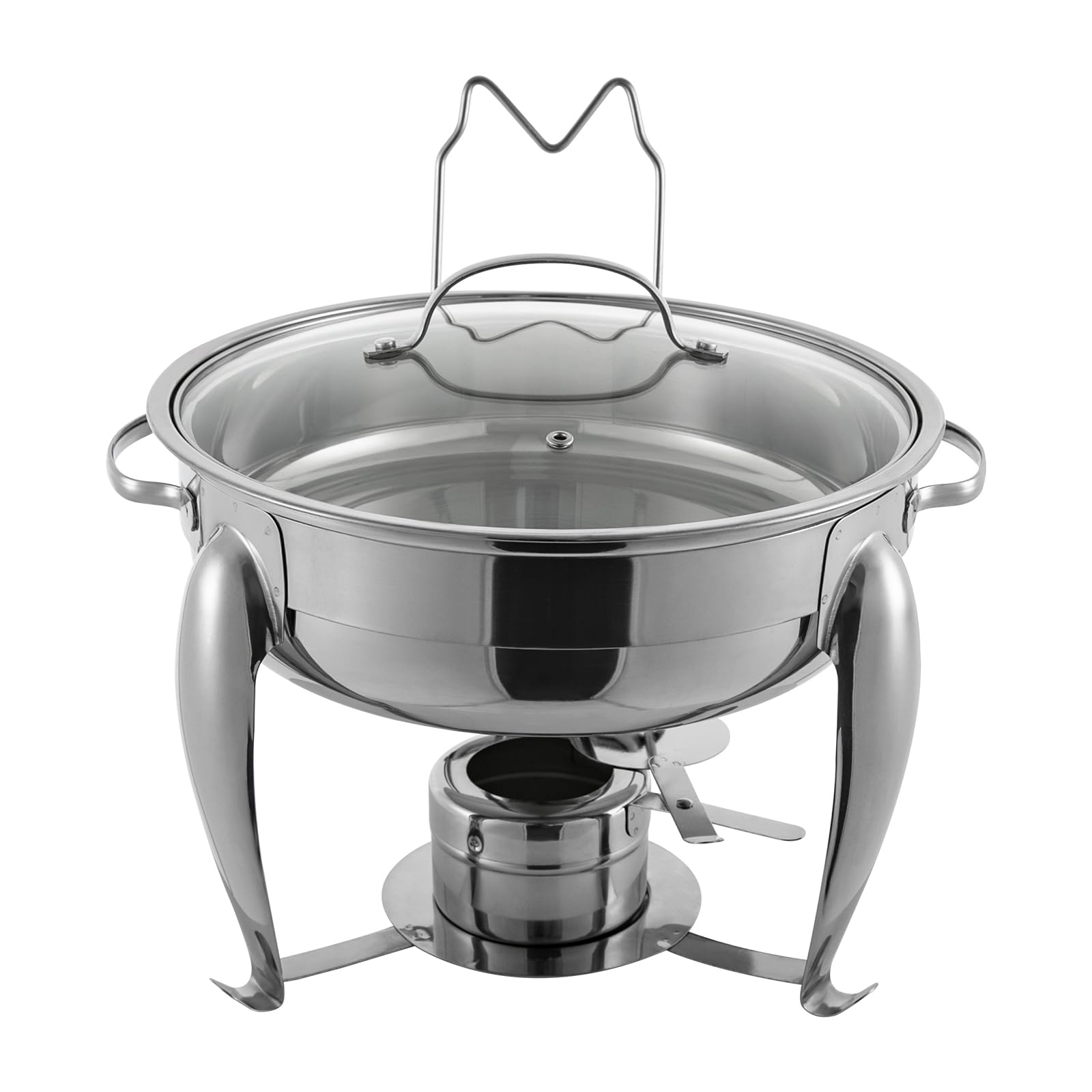 Chafing Dish - Set de buffet redondo de 4 litros, calentador de alimentos de acero inoxidable, estructura de acero inoxidable y tapa de cristal, calentador de sopa para catering, buffet y