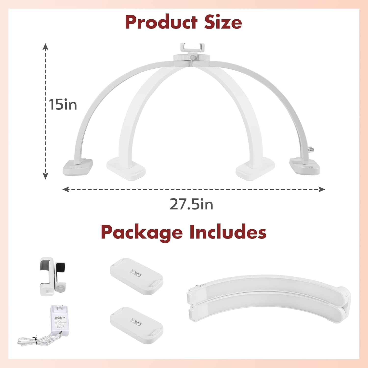 FAHKNS Half Moon Light for Nail Desk with Phone Holder, Upgraded 28-inch Foldable Half-Moon Lamp, LED Light for Manicure, Eyelash Extension, Tattooing, Craft, White