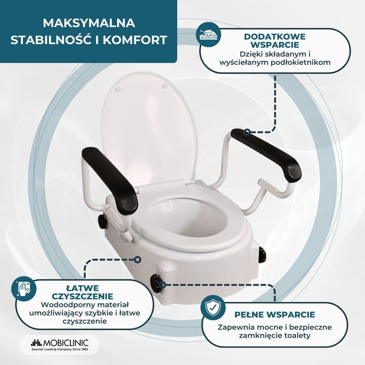 Podnośnik WC | Z pokrywą | Możliwość dostosowania | Regulowany | Uchylny | Podłokietniki składane | Biały | Tajo | Mobiclinic