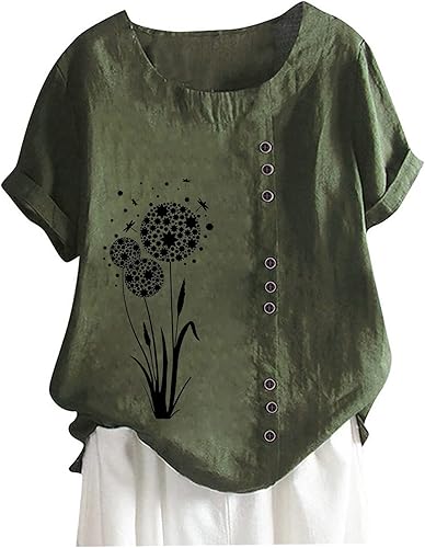 JEGULV Camiseta de algodón y lino para mujer, estilo casual, holgada, a la moda, con estampado floral, de manga corta, blusas con botones