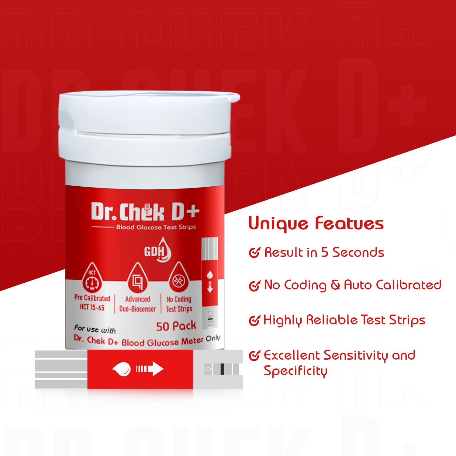 Dr. Chek D+ Blood Glucose Strips - 100 Pack 2