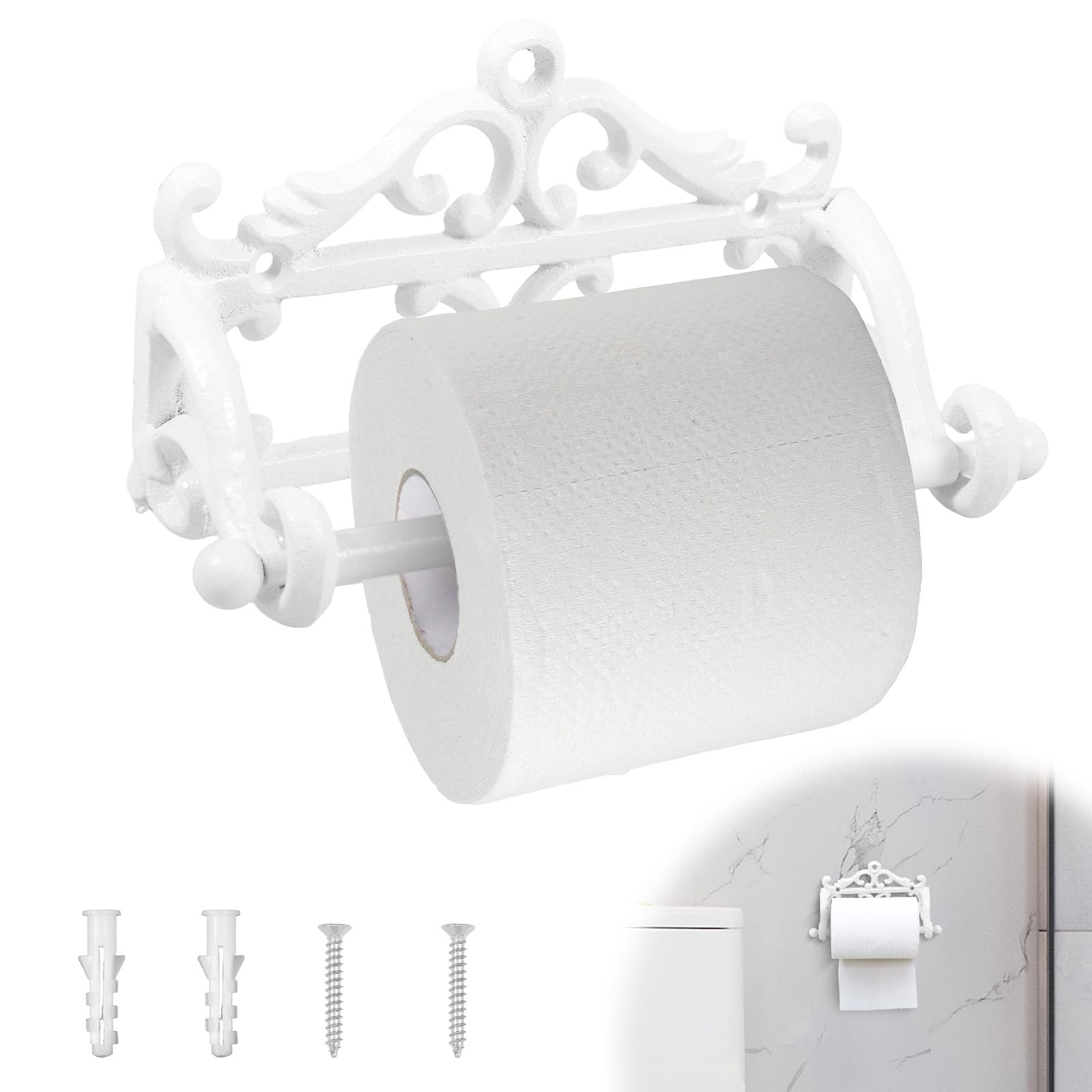 Vintage Toilet Roll Holder,Cast Iron Black Paper Holder,Screw Toilet Roller Wall Mount for Bathroom, Kitchen, Washroom Storage,Included Hardware(White)