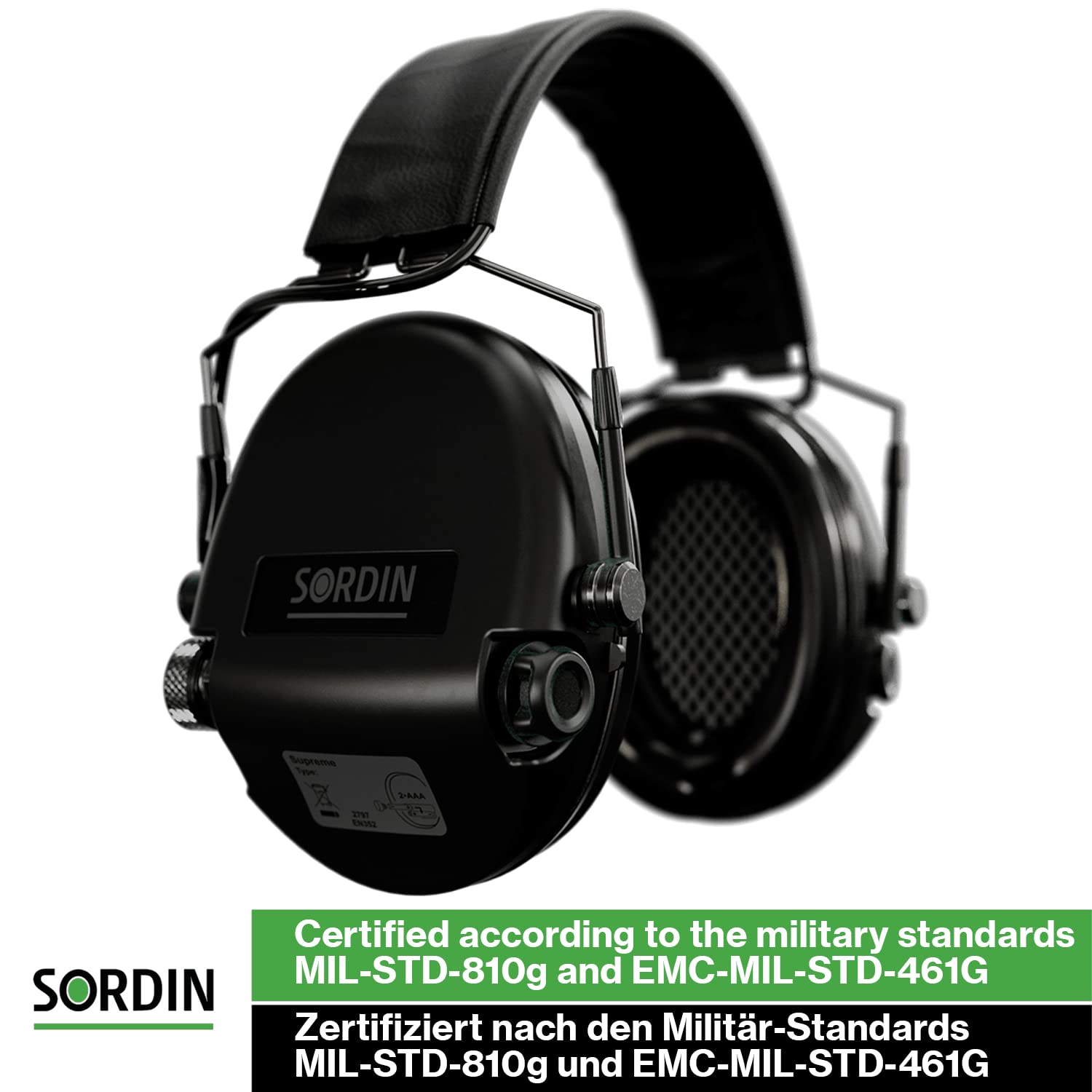 Sordin MIL AUX Slim Ear Paraorecchie – Cuffie antirumore militari attive ed elettroniche con fascia in pelle – Paraorecchie tattiche