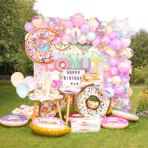 Winrayk 131Pcs Donut Birthday Party Decorations Supplies Donut Balloon Garland Arch Kit Donut Grow Up Backdrop Tablecloth Star Sprinkle Balloons Baby Shower Sweet One Donut Party Decorations For Girls #TOP7