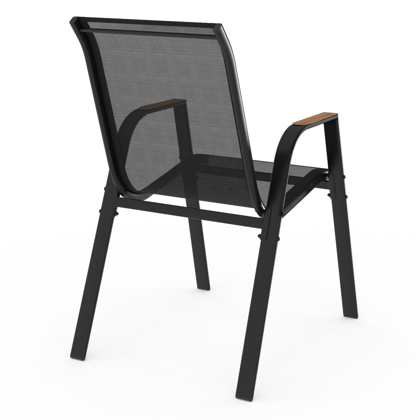 IDMarket NOUMEA - Juego de 4 sillas de jardín (metal y textileno, apilables, color negro y madera)