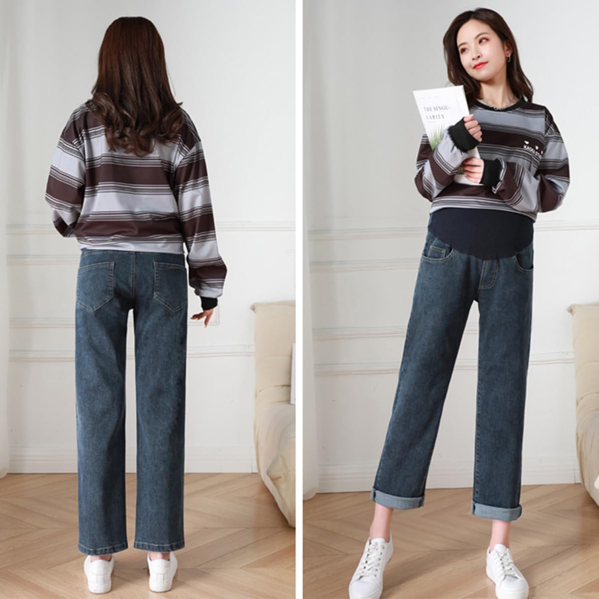 Jeans de Grossesse Femme Jambe Droite Coupe décontractée Jeans de Maternité Pantalon de Grossesse en Denim à Jambes Larges Pantalon Jean avec Poches pour Femmes Enceintes