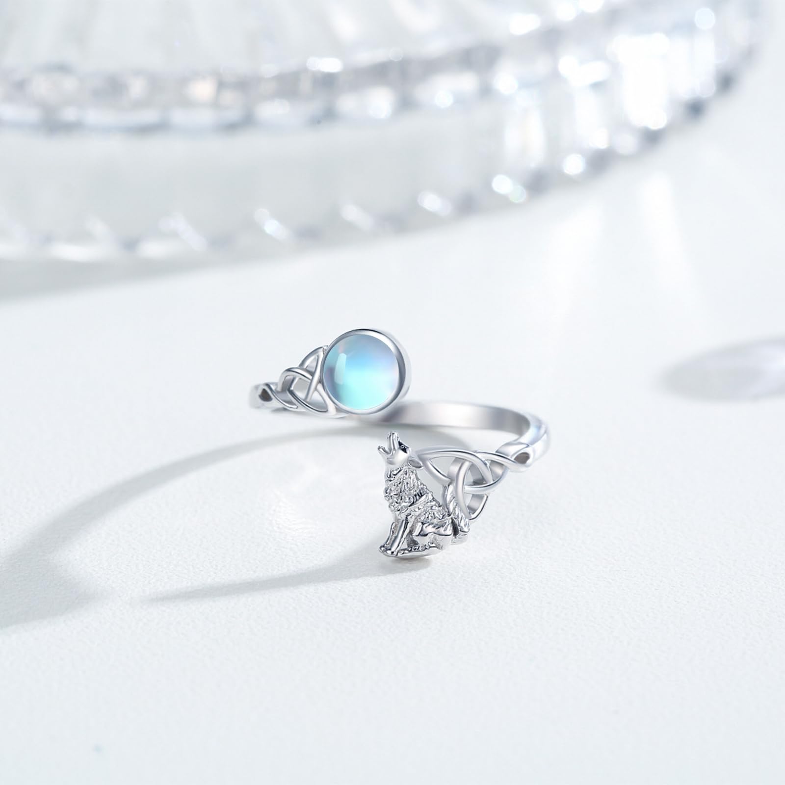 Wolfs 925 Sterling Silber Celtic Knot Mondstein Ring - Verstellbar, Tier-Design - Geschenk für Valentinstag, Schmuck für Damen