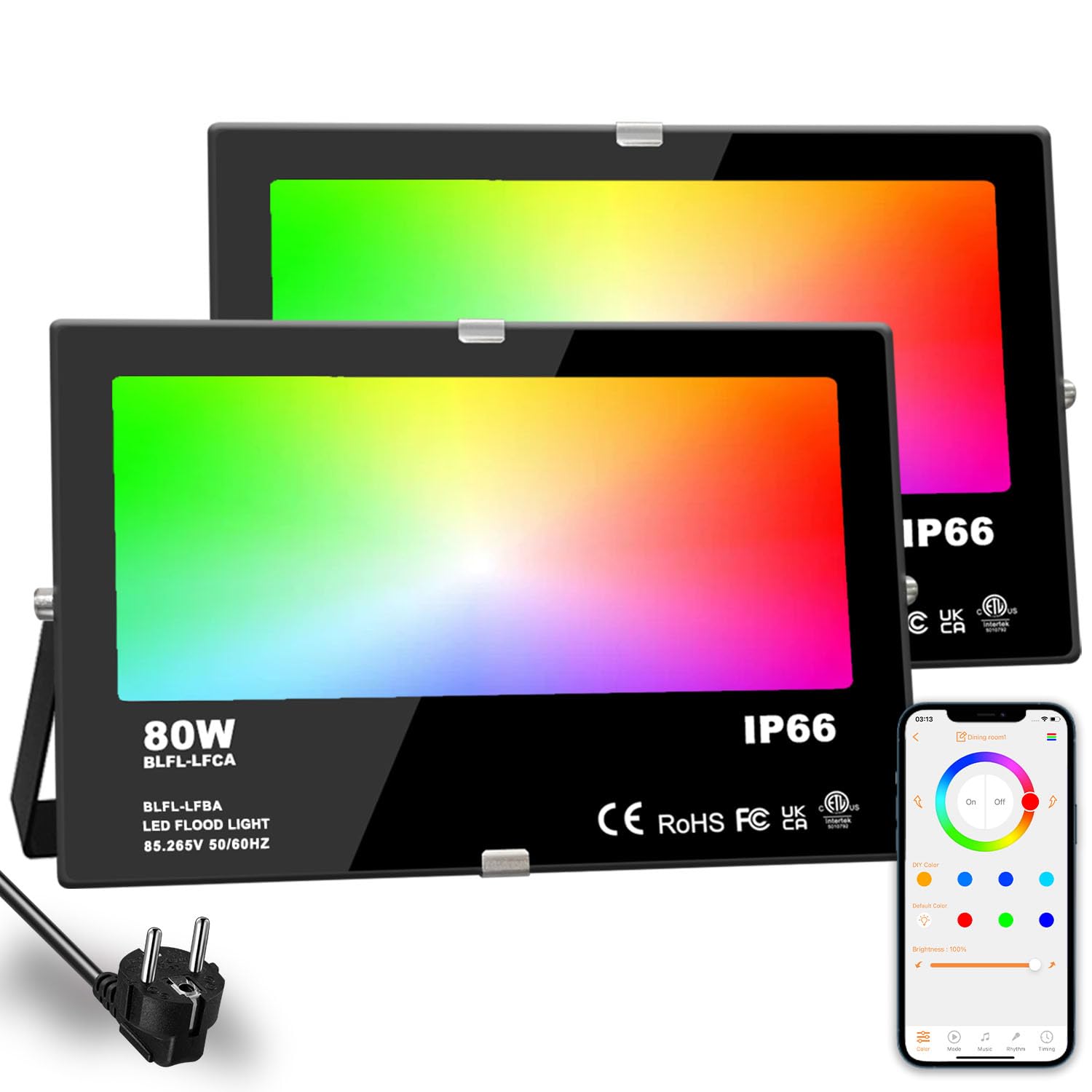 HEKEE LED Faretto Esterno 80W, Cambio Colore Rgbw, 16 Milioni Colori, Timer, bianco caldo 2700K, Proiettori per Esterni Impermeabile Ip66 (confezione da 2)