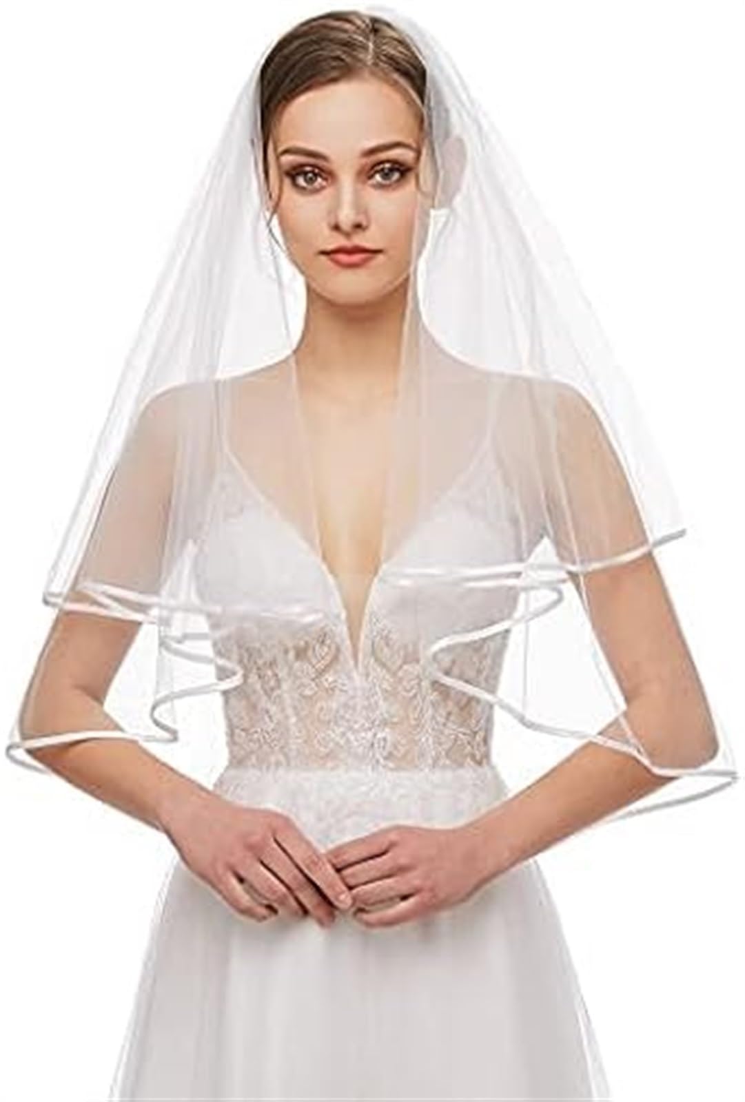 THE WHITE SHOPBridal Veil Women's Simple Tulle Short Wedding Veil Satin Edge With Comb for Wedding Bachelorette Party