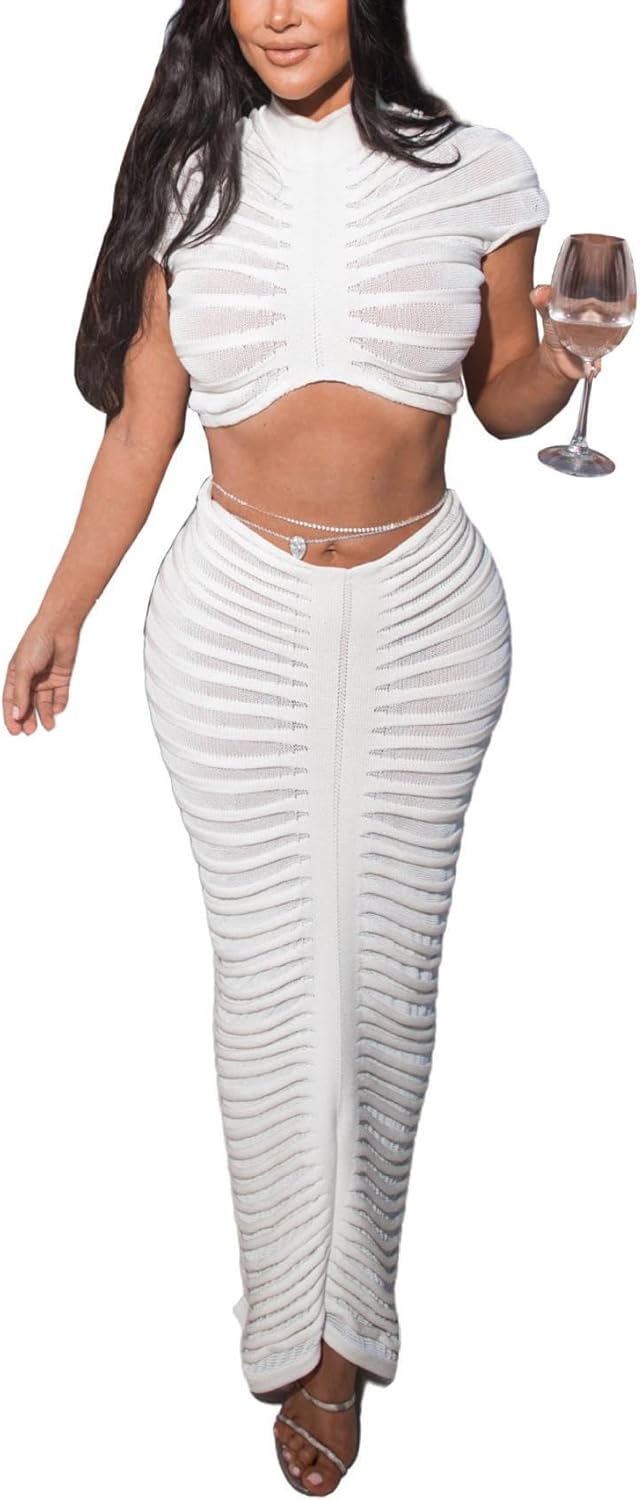 Sexy See Through Long Dress Knitted Sheer Mock Neck Crop Top and Maxi Skirt 2 Piece Outfits Sets