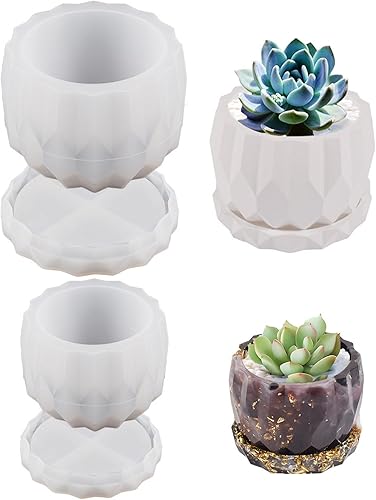 Miniatura 8 de Paquete de 2 moldes de silicona para macetas, silicona resistente fácil de desmoldar con soporte inferior (estable + drenaje) para macetas de