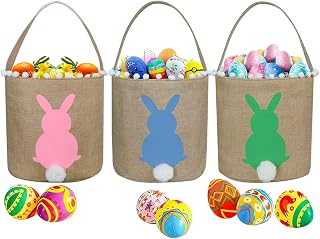 3 Pack Easter Bunny Baskets, Easter Egg Hunt Bunny Bags Little Baskets with Fluffy Tail Canvas Cotton Rabbit Handbag Bucket Tote Bag for Kids Girls (Style 2,Pink + Green + Blue)