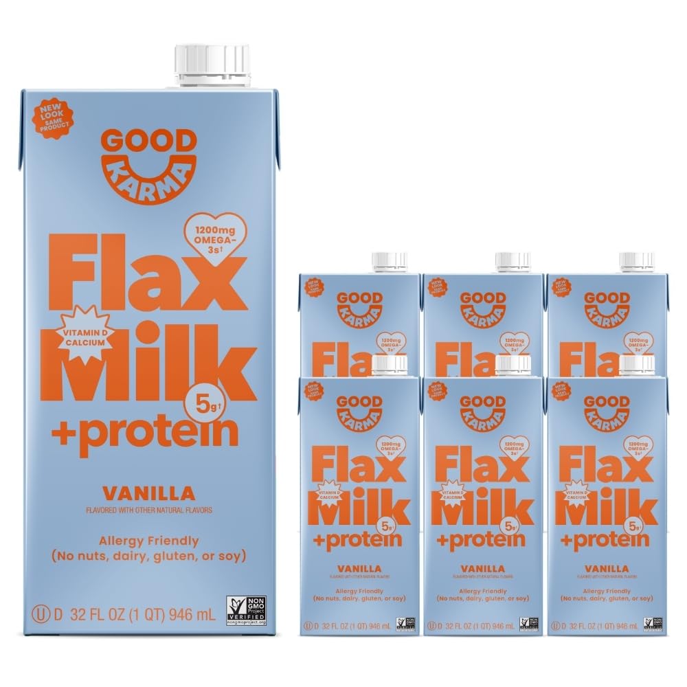 Vanilla Flaxmilk +Protein, 32 Ounce (Pack of 6), 5g Plant Protein + 1200mg Omega-3 Per Serving, Plant-Based Non-Dairy Milk Alternative, Lactose Free, Nut Free, Vegan, Shelf Stable