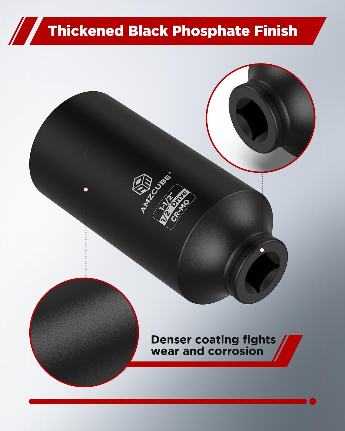 1/2" Drive 1-1/2" Deep Impact Socket, 4.7 Inch Anti-Break Cr-Mo Long Socket with 6-Point Radius Corner Design