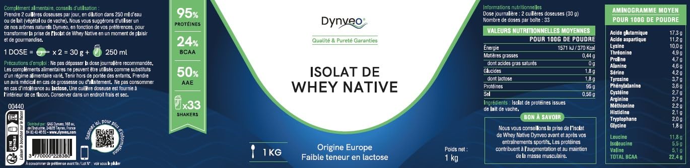 Whey Native Isolate en Poudre 1 kg - Prise de Masse, Sèche, Musculation - Riche en BCAA, Issue de Lait de Vache Frais - Whey Pure 95% en Protéines - Origine européenne, Dynveo
