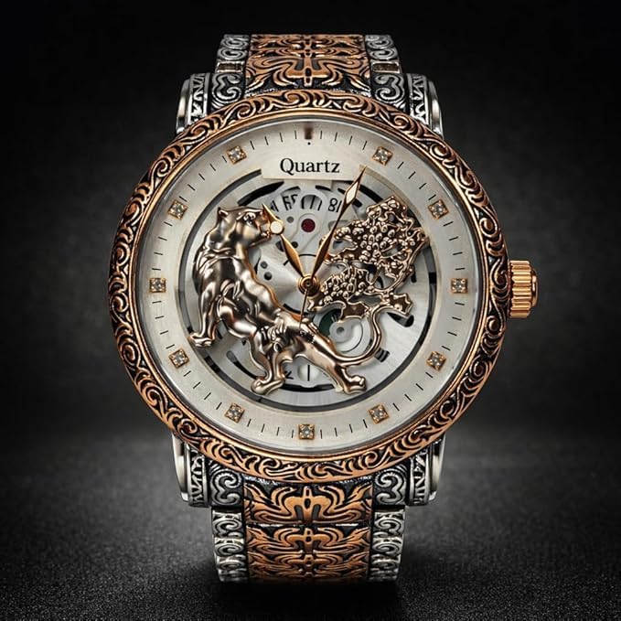 Image of Luxury Gold-Tone Tiger Skeleton Dial Watch, Vintage Carved Pattern Band, Quartz Movement(Copper, Silver)