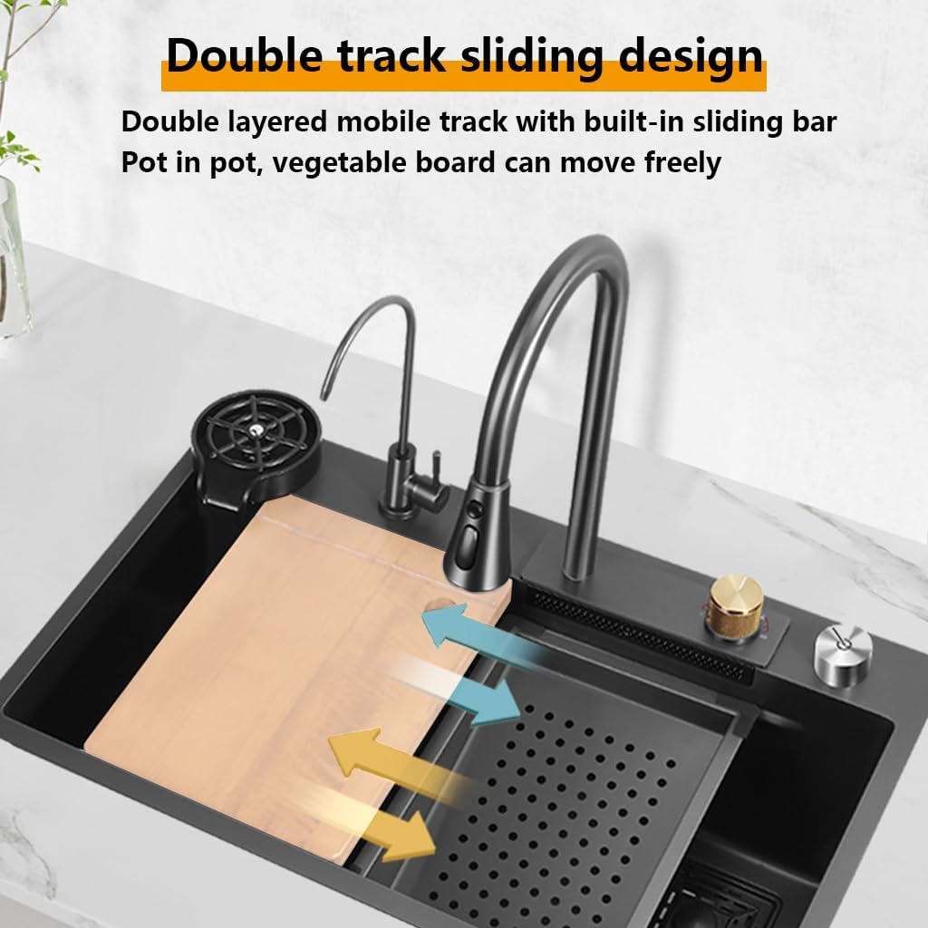 ARTLINE Black Single Bowl Kitchen Sink, Stainless Steel Waterfall Sink, Bar Sink with Cup Washer Sinks, Drop-In/Undermount Farmhouse Workstation Sink with Multiple Accessories (31.5 x 17.7in)