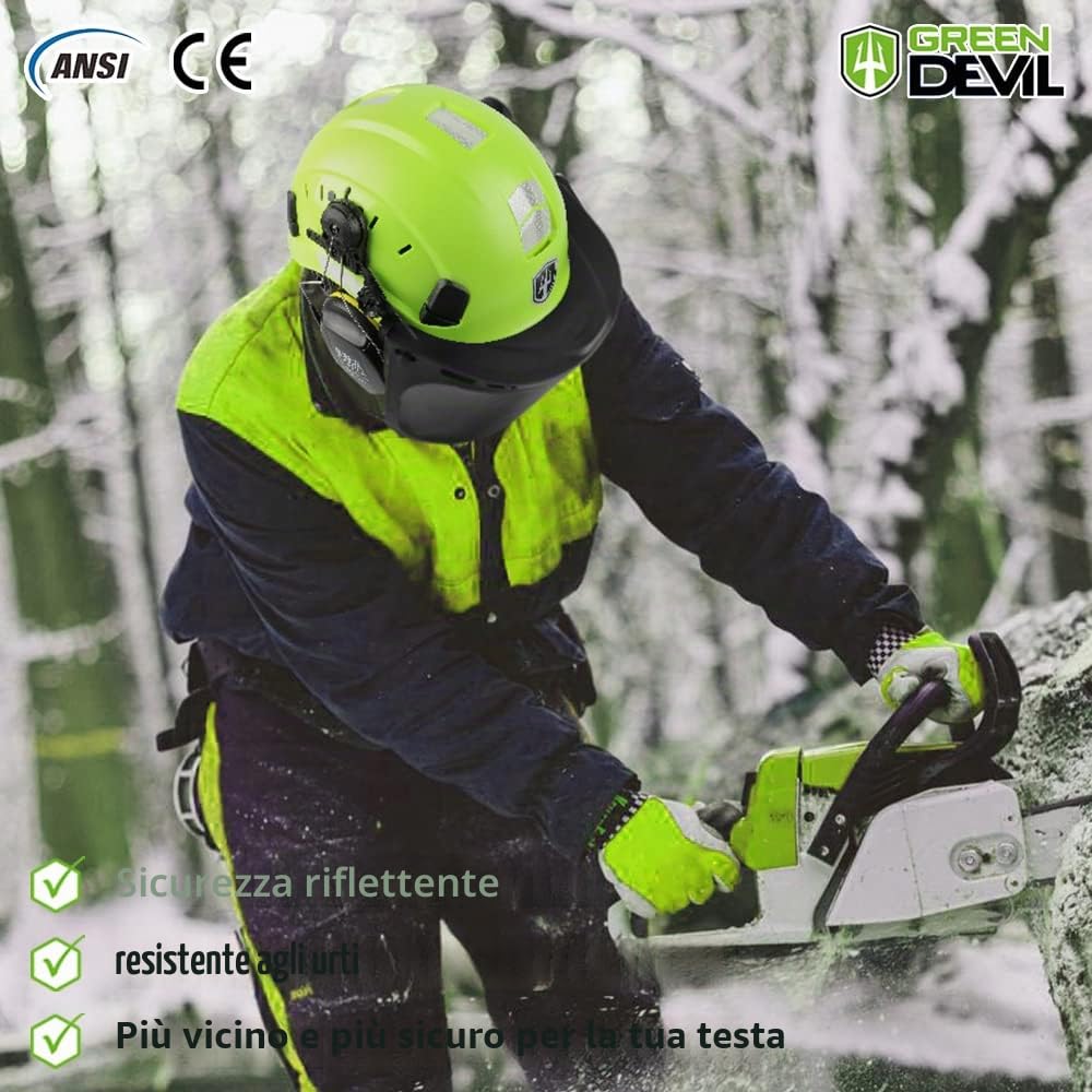 GREEN DEVIL Casco protettivo per motosega, protezione forestale, casco di sicurezza con protezione dell'udito, paraorecchie e visiera, 3 in 1, set di casco, resistente agli urti, comoda ventilazione