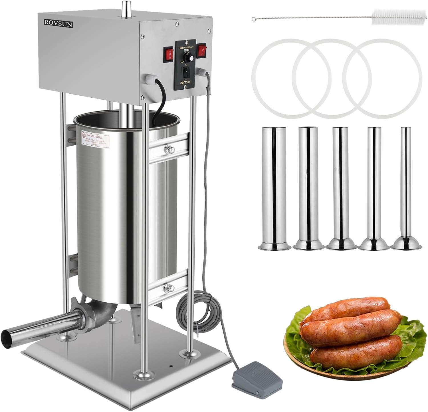 ROVSUN Electric Sausage Stuffer 15.4LBS/10L, Stainless Steel Sausage Maker Machine with Adjustable Speed & 5 Stuffing Tubes, Heavy Duty Vertical Sausage Filling Maker for Commercial and Home Use