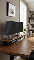 Vista 6 de Soporte de monitor de nogal para escritorio (44 pulgadas), soporte de monitor grande para 2 monitores, estante de escritorio para la parte superior