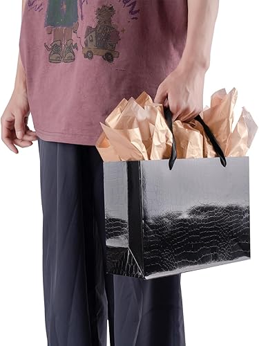 Miniatura 5 de Lyforpyton Bolsas de regalo medianas negras con papel de seda de 11 x 7.9 x 3.9 pulgadas, bolsa de papel de regalo con patrón de cocodrilo para