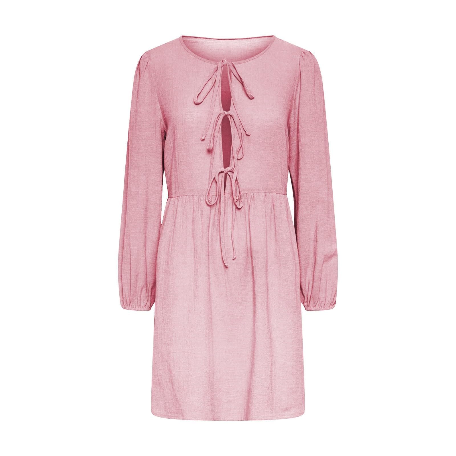 Robe Mini péplum à Manches Longues Bouffantes et nœud Papillon sur Le Devant pour Femme, Robes d'automne,Robe Courte à Volants en Ligne A, Robe Tunique Fluide Mignonne (Pink,L)