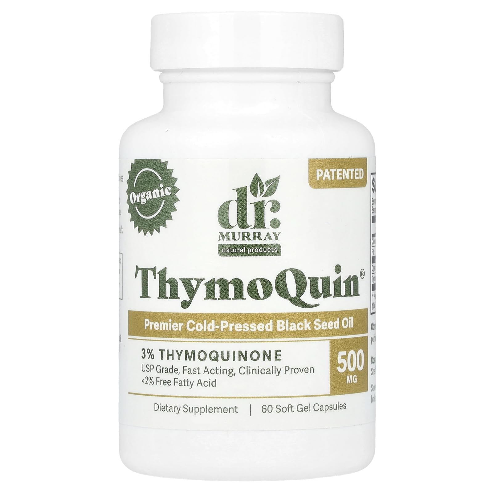 Dr. Murray's ThymoQuin® Black Seed Oil Capsules - Standardized 3% Thymoquinone | Patented Full-Spectrum Nigella Sativa | Enhanced Bioavailability | Non-GMO Cold-Pressed | 500mg | 60 Softgels