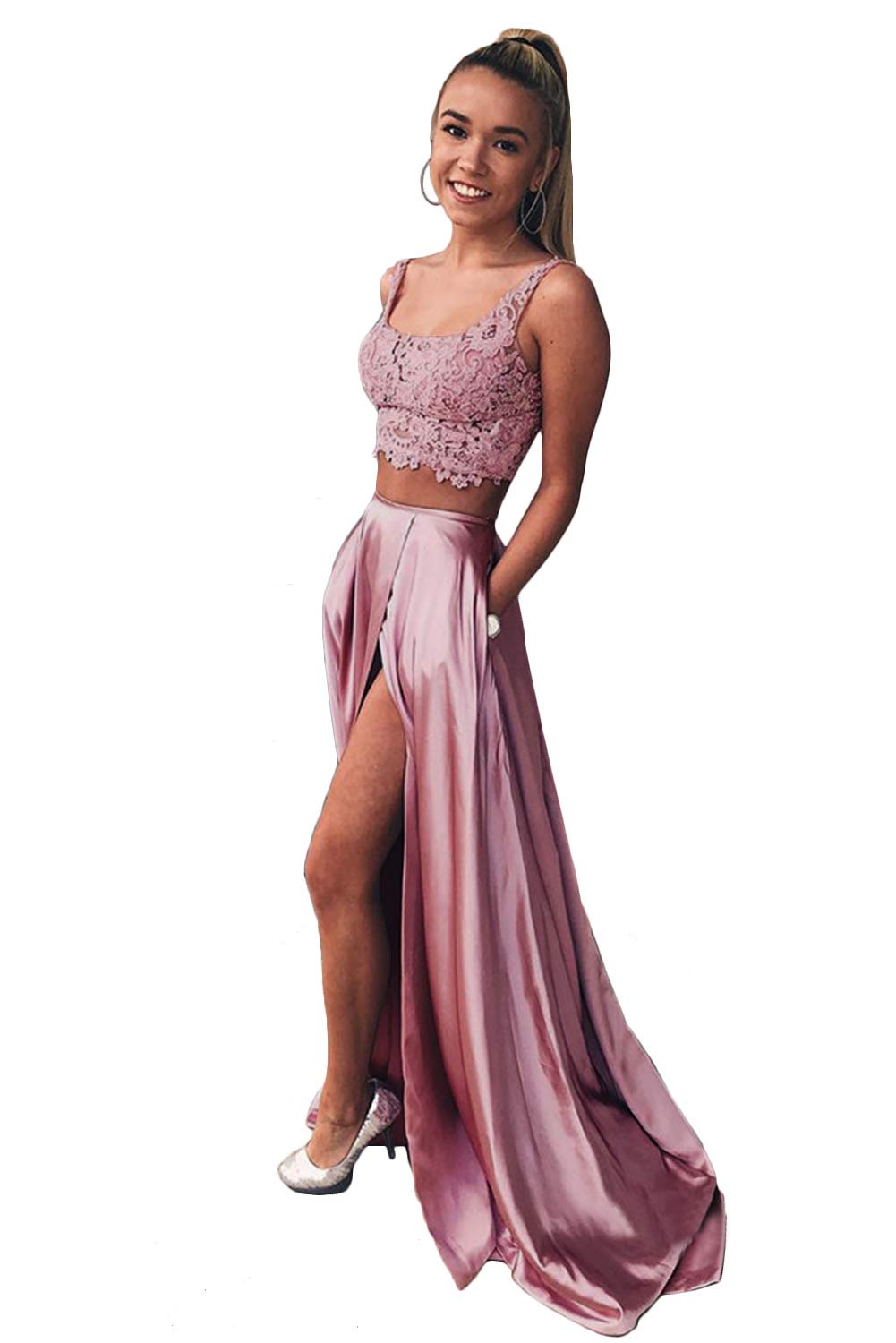 Womens Halter 2 Piece Prom Dress with Slit Long Evening Gown