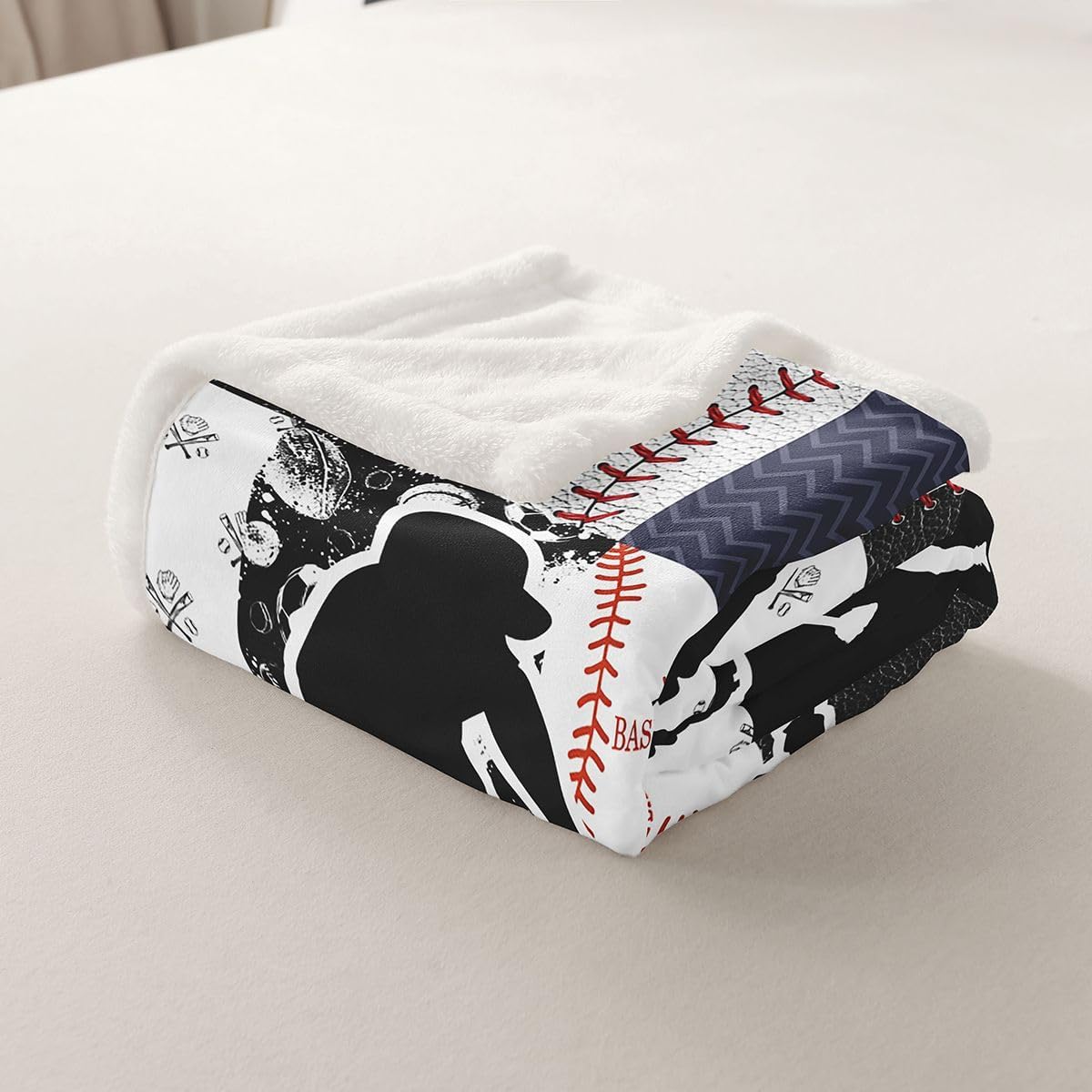 Feelyou Baseball Fleece Throw Blanket Patchwork Sherpa Blanket for Kids Women Men Plush Fuzzy Baseball Gaming Queen 90"x90" Navy Blue for Bed Couch Chair Living Room Bedroom Decor image 3