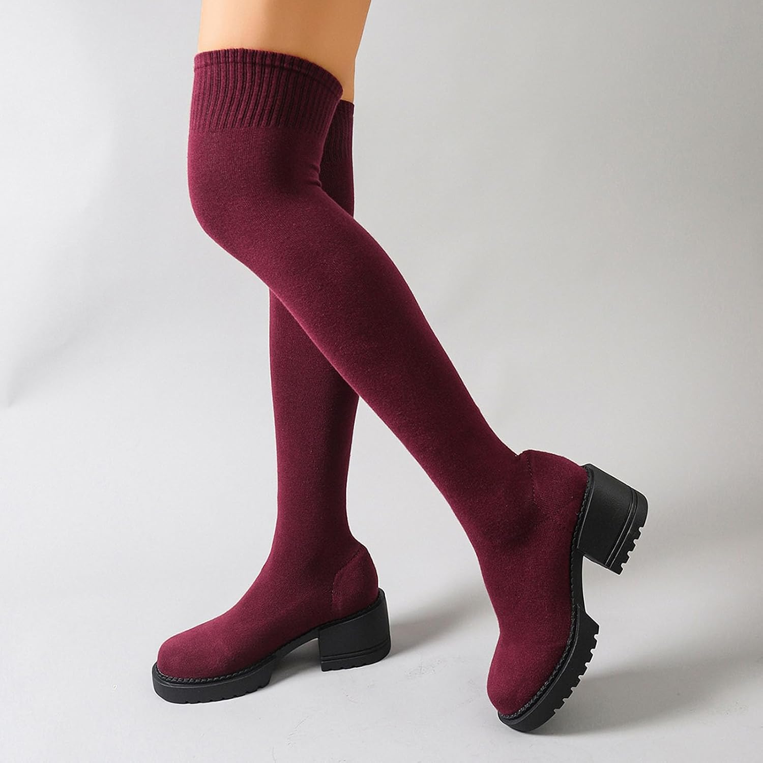 Women's Over The Knee Boots Ribbed Knit Sock Platform Block Heel Boots