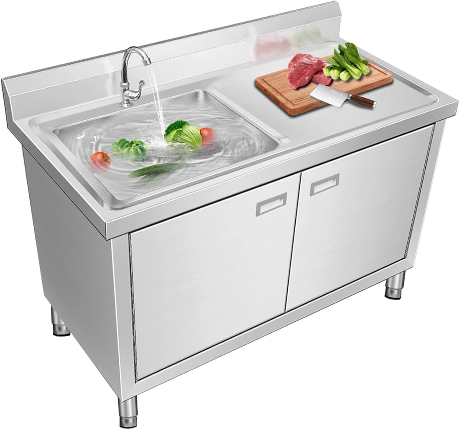 Stainless Steel Sink Freestanding Commercial Sink Cabinet Deep Water Sink + Large Space Storage Outdoor Large Sink Adjustable Feet(39.4 * 19.7 * 31.5in Left Sink)