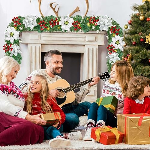 Guirlanda de Natal artificial pré-iluminada, vime verde com decorações de flores prateadas e luzes L