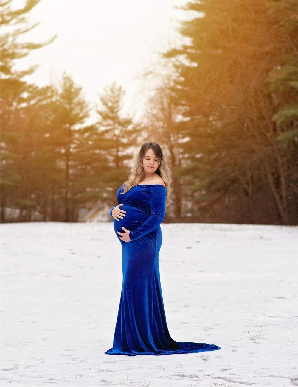 Velvet Maternity Off Shoulder Long Sleeve Fitted Gown Half Circle Maxi Photography Dress for Photo Props Dress